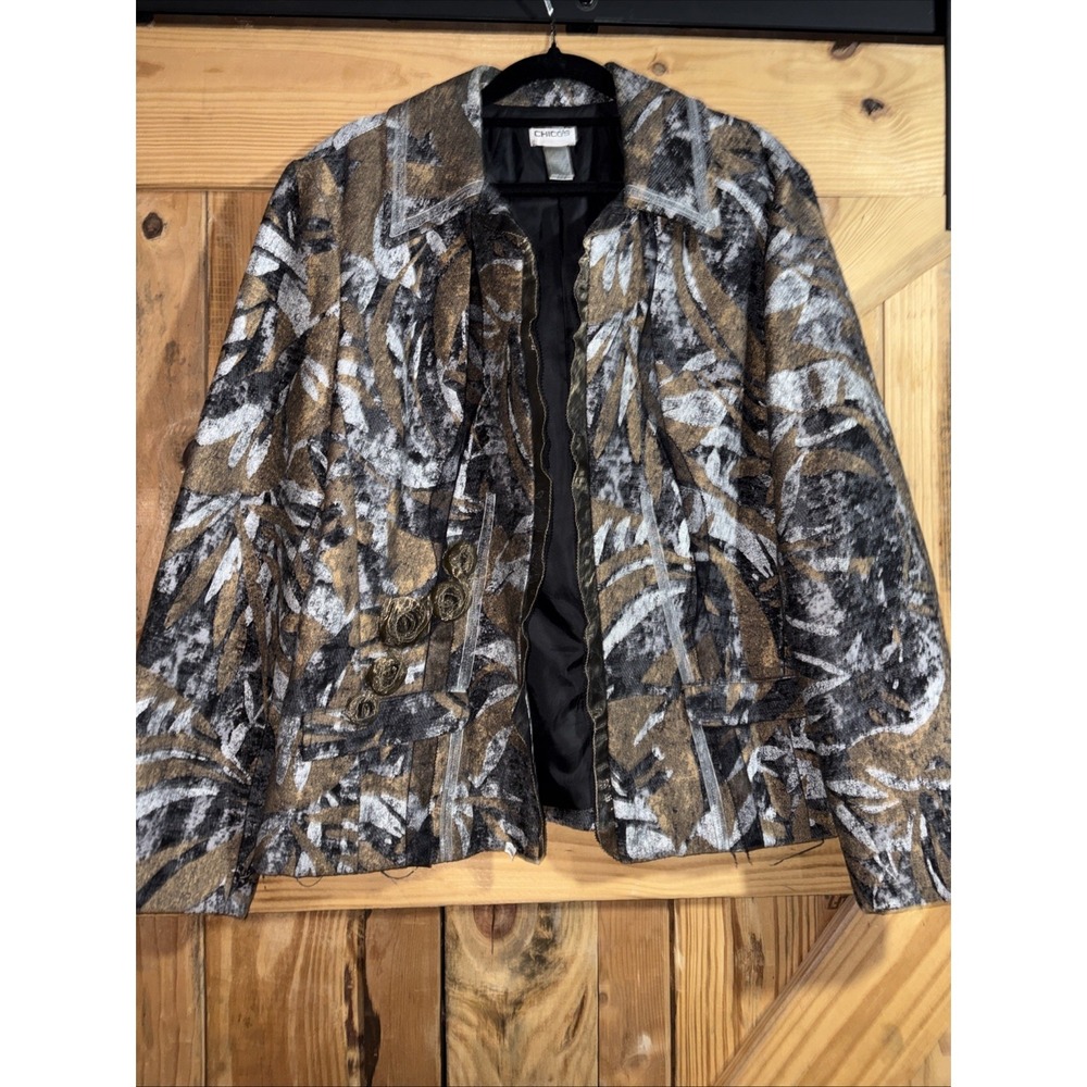 Chico's Abstractions Marrick Collar Jacket Size 2 Large Metallic Sheen
